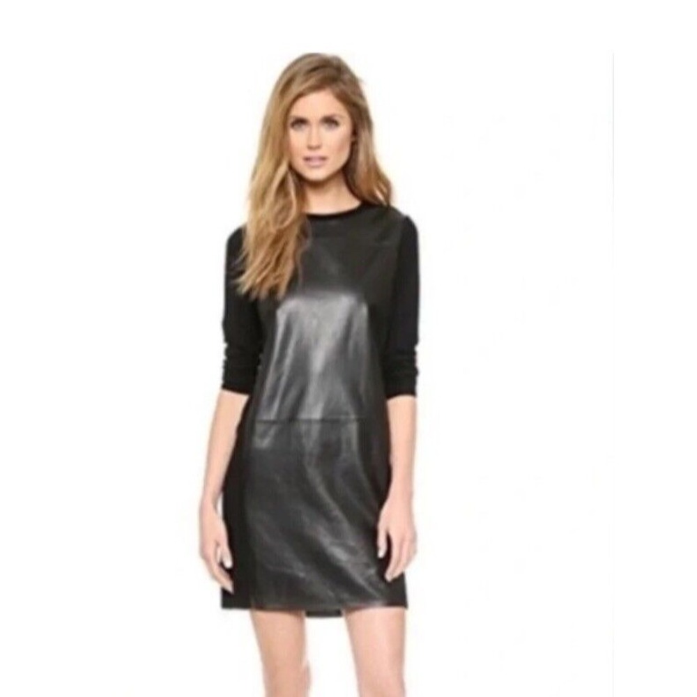 Vince Dress Black Winter Shift  Womens Black Knit w Leather Minimalist Sz XSmall